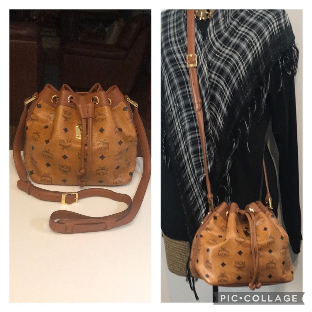 Authentic MCM Cognac Leather Bucket Crossbody Bag